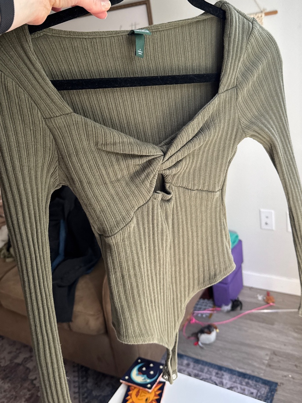 Talbots Olive Ribbed Twist-Front Long-Sleeve Bodysuit